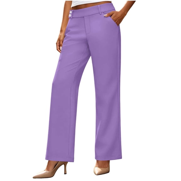Yyeselk Women Work Pants with Pockets Straight Leg Slacks Classic Slim Fit Elastic High Waisted Dress Trousers Purple L
