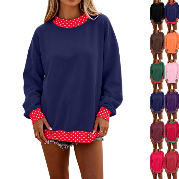 Polka Dot Mock Neck Sweatshirt Women Oversized Cute Fall Baggy Sweatshirt Casual, Long Sleeve, Loose Fit, Cozy, Soft, Cotton Sweaters Navy XL