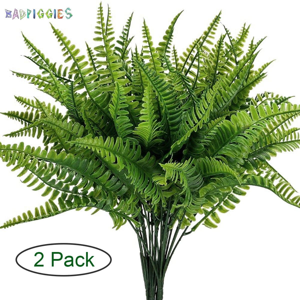 BadPiggies 2 Pack Artificial Boston Fern Plants Bushes Plastic Faux Shrubs Greenery for House
