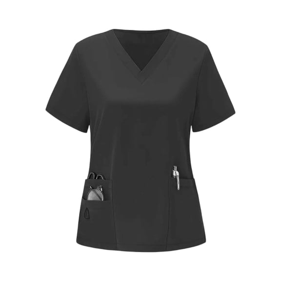 Delconic Women V Neck Short Sleeve Scrub Top with Pockets Stretch Quick Dry Fabric Professional Workwear Uniform Shirt Black L