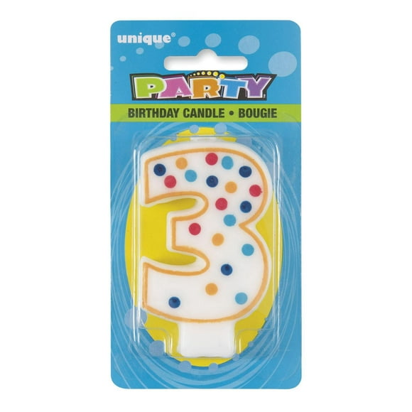 Polka Dot Number "3" Birthday Candle, Each candle measures 2" x 3" (width x height)