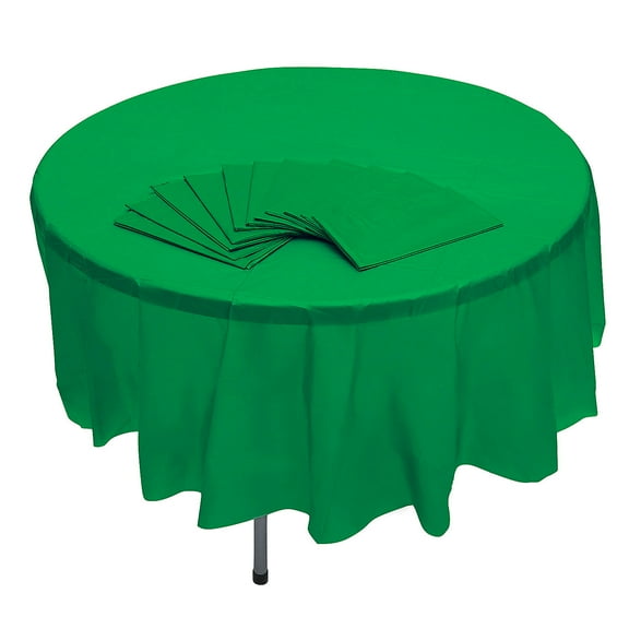 Fun Express 82" Bulk 12 Pieces Green Banquet-Style Disposable Round Plastic Tablecloths