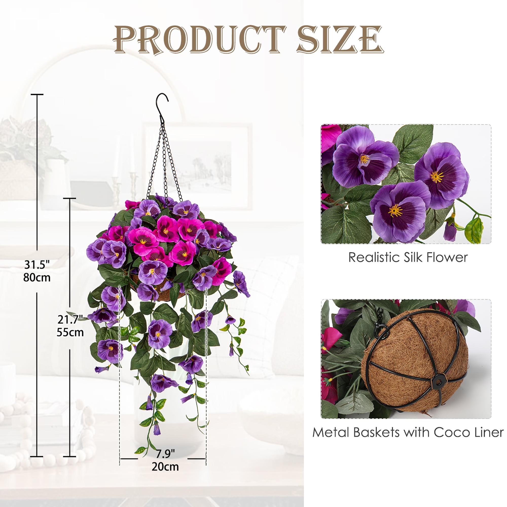 Briful 27.6’’ Fake Flowers Hanging Basket, Pansy Artificial Flowers, Realistic Silk Spring Bloom Faux Flowers, 5.9’’ Coconut Basket, for Home Farmhouse Balcony Outdoor Patio Garden Decor