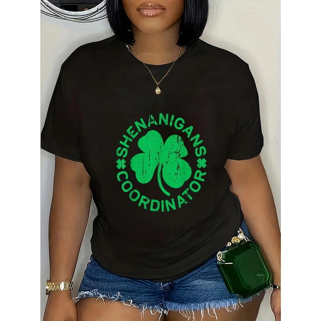 Women's "Shenanigans Coordinator" St. Patrick's Day T-Shirt - Casual Black Tee with Green Clover andCamisetas de verano para mujer, manga corta, cuello redondo, casual, lindo, con gráficos, camisetas