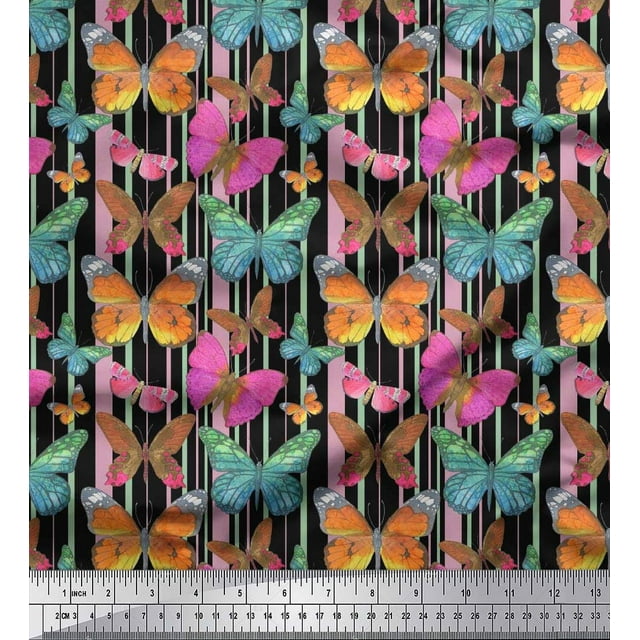 Soimoi Rayon Fabric Stripes & Butterfly Decor Fabric Printed Yard 42 Inch Wide