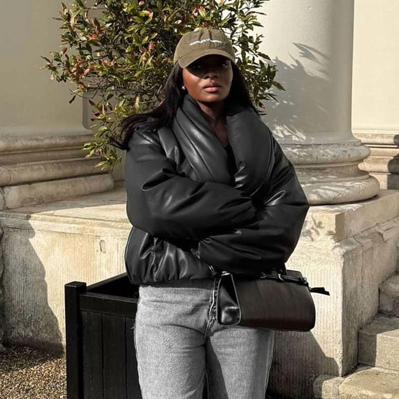 Faux Leather Puffer Jacket (S, Black)