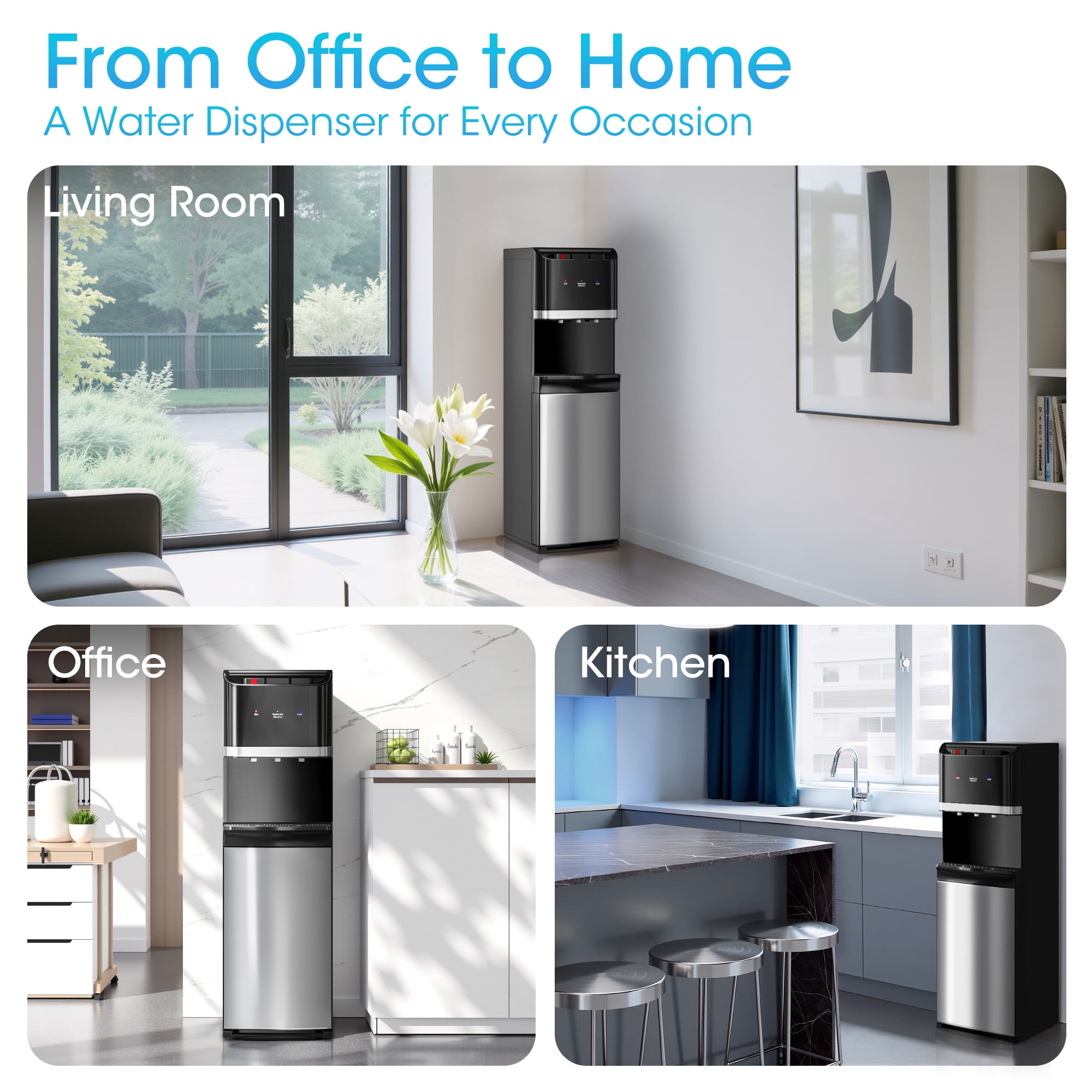 UrbanSync Bottom Loading Water Cooler Dispenser for 5 Gallon Bottles, Hot, Room & Cold, LED Display with Empty Bottle Alert, Ideal Design for Home & Office, Ebony Black