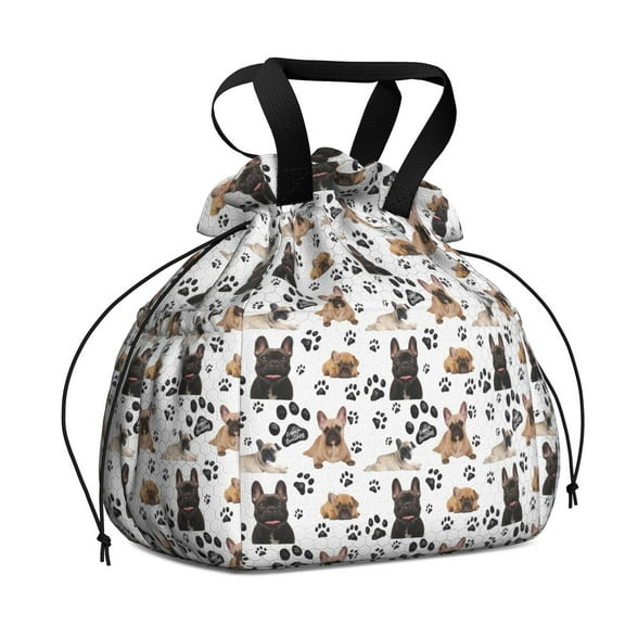 French Bulldog Footprint Drawstring Lunch Bag Women - Drawstring Lunch Bag Insulated for Work Office - Stain-Resistant Large Lunchbags for Women with Multi-Pockets
