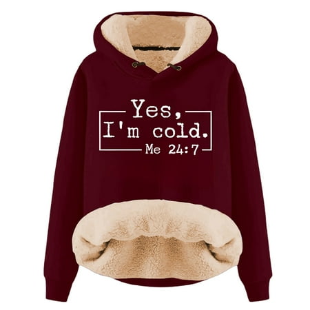 Fshinging Sherpa Lined Hoodie for Women Oversize Long Sleeve Letter Print Warm Thicken Sweatshirt 2XL
