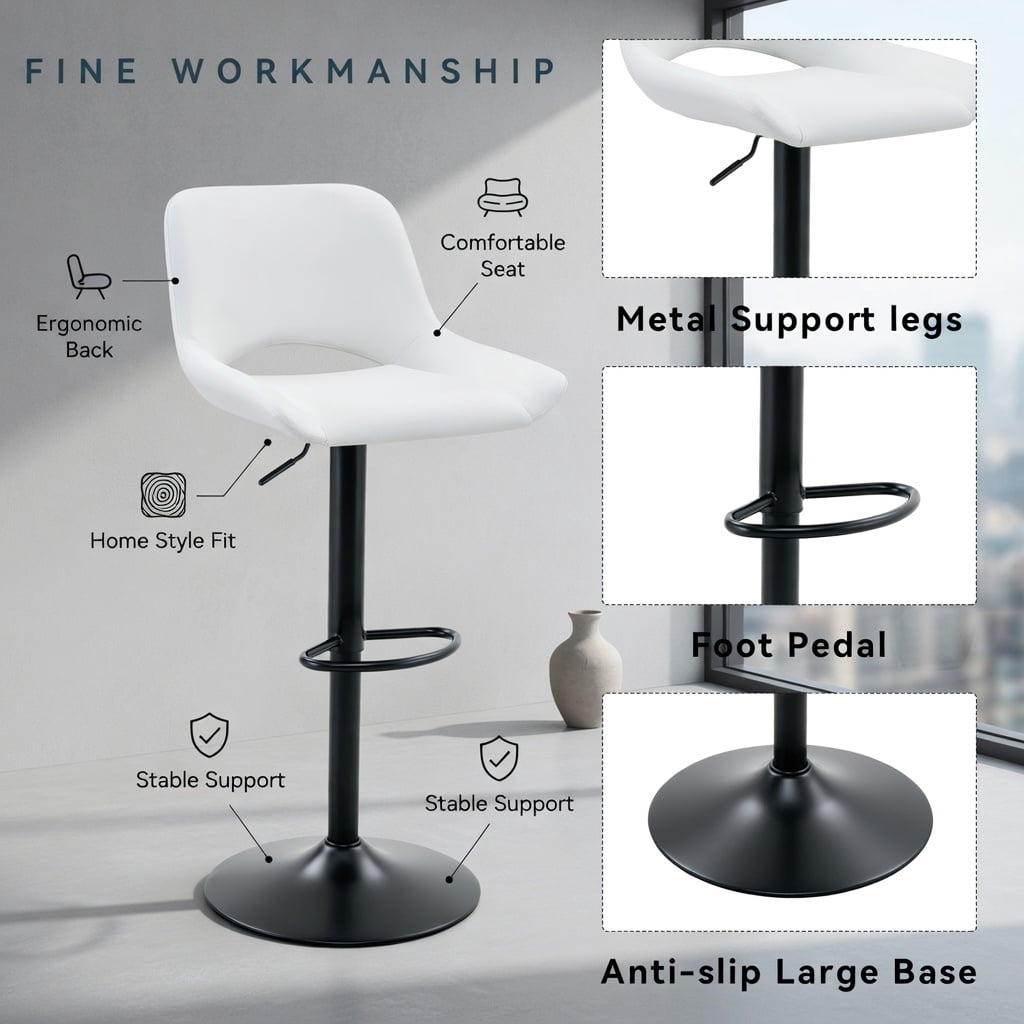 Hommoo 2-Pack Modern Adjustable Swivel Bar Stools, White PU Leather & Metal, 360° Rotation, Height-Adjustable, Footrest, Ideal for Kitchen Islands & Home Bars, White