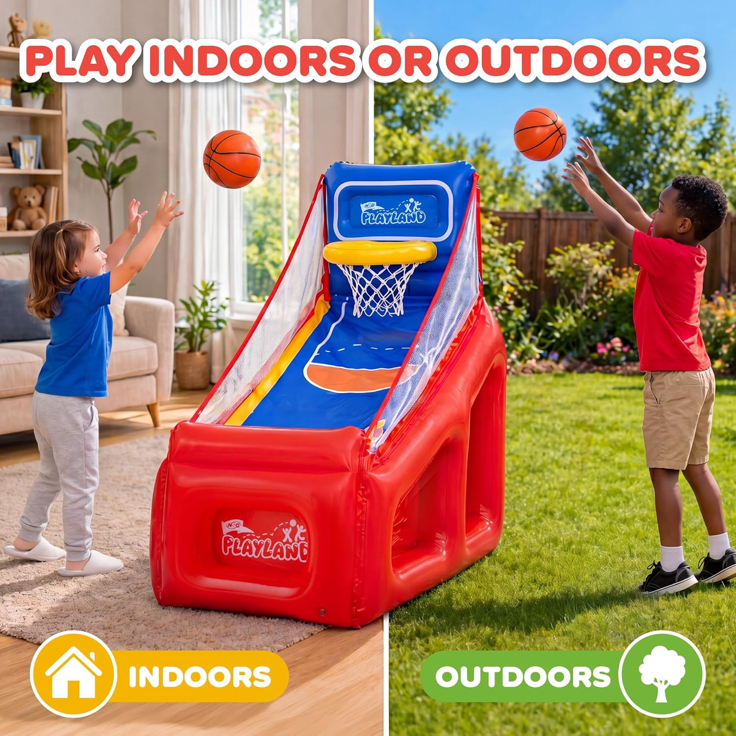 NSG PlayLand Shoot 'N' Score Inflatable Basketball Game for Kids Ages 3+ | Indoor & Outdoor Arcade Basketball Set with Hoop, 3 Balls & Pumps | Family Party Sports Toy