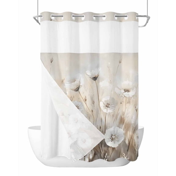 No Hook Shower Curtain with Snap-in Liner, Spring White Floral Waterproof Fabric Bathroom Curtains, Watercolor Vintage Beige Flowers Bath Curtains & Mesh Top Window Stand Up Stall Stall 48"x72"