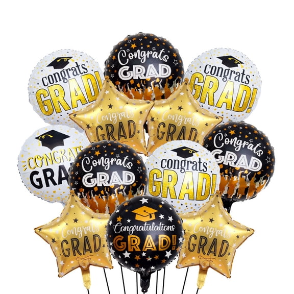 Fareti Graduation Foil Balloon Set, Black and Gold Party Decorations for Ceremony, Includes Star Round and Number Balloons