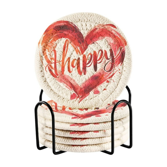 Happy Heart 6 Pcs Drink Coasters with Holder Absorbent Coasters Woven Coasters for Drinks Table Desk Protection Home Decor