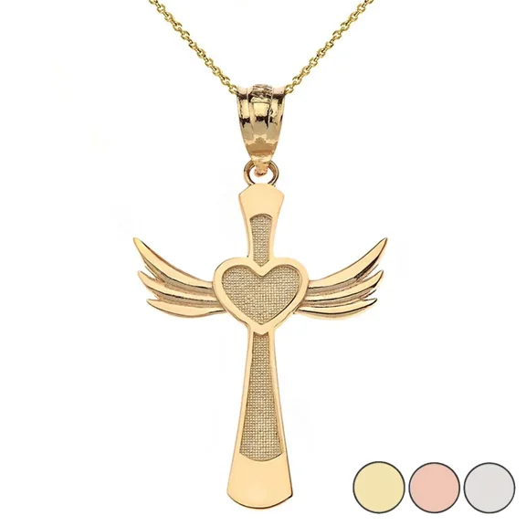 10k Yellow Solid Gold Winged Heart Cross Pendant / Necklace (16 Inches)