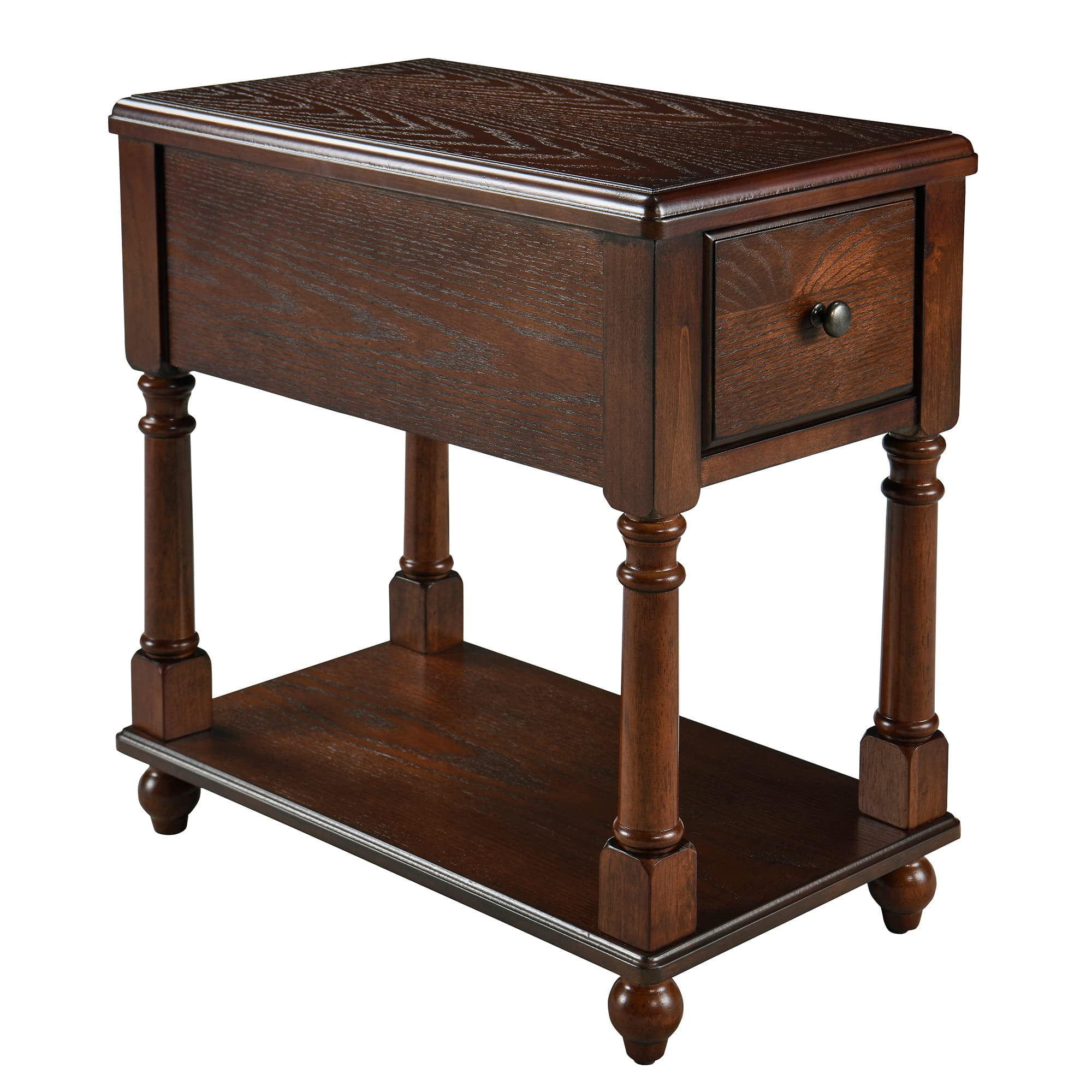 JESONVID Narrow Open End Table with Drawer, Solid Wood Side Table 2-Tier Skinny Table with Storage Shelves Slim Nightstand Small Sofa End Table for Living Room Bedroom-Mahogany 004DWA