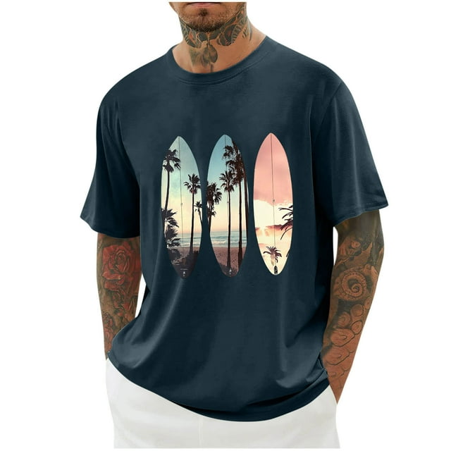 Ceisia Men's Loose Dropped Shoulder Hawaiian Surfboard Print Short Sleeve T-Shirt Casual Summer Top Navy M Gifts