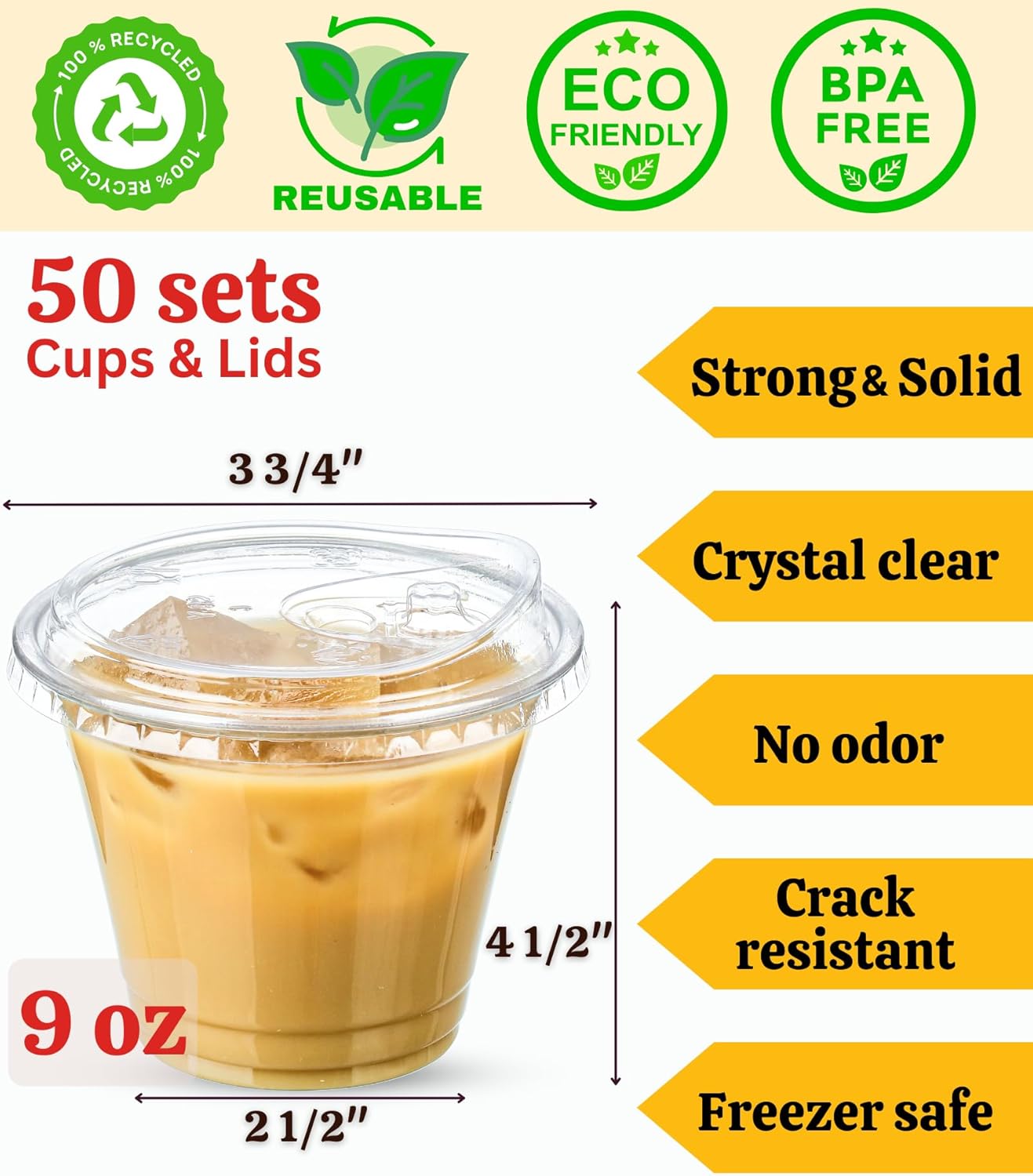 JJEAN-9 oz Clear Plastic Cups with Lids, 50 Sets Disposable Plastic Iced Coffee Cups with Strawless Sip-Lids, To Go Coffee Cup for Smoothie, Milkshake, Cold Drinks