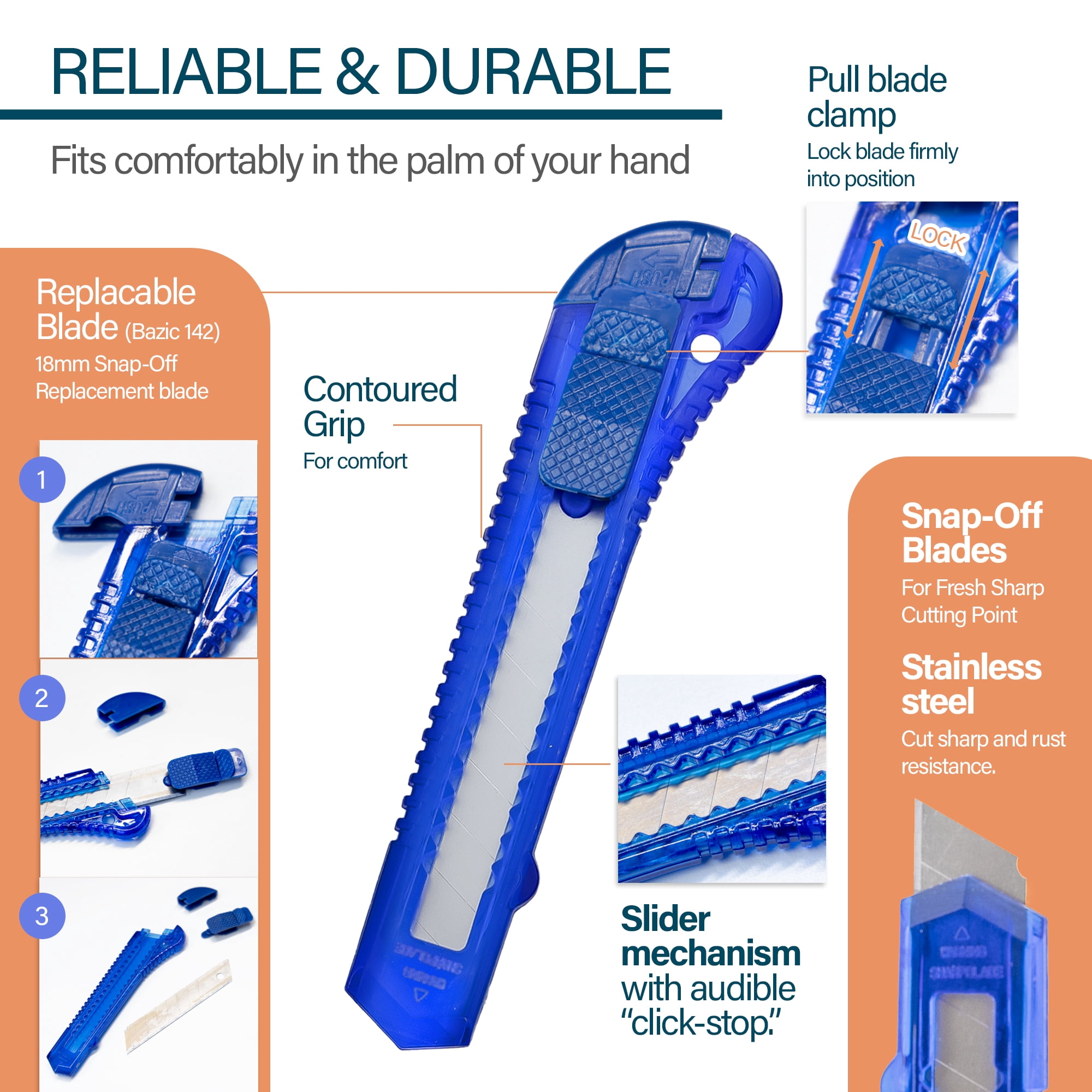 BAZIC Utility Knife Box Cutter 18mm Wide Blade (2/Pack), 6-Packs