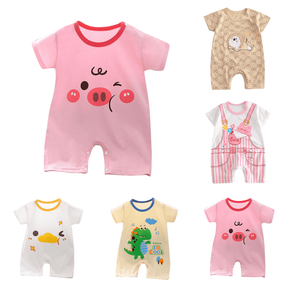 Lovzfmll Toddler's Cartoon Print Short Sleeve Romper, Cotton Snap Crotch Jumpsuit for Little Boys & Girls, Summer Casual Outfits for 0-3 Months