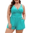 thumbnail image 1 of OHMZYZO Womens Plus Size One Piece Swimsuit V Neck Wrap Ruched Tummy Control Bathing Suit with Pockets Summer Beach Vacation Romper Swimwear, 1 of 8
