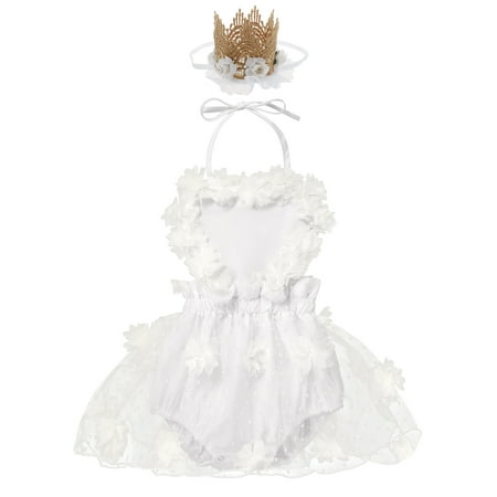 

IBTOM CASTLE Baby Girl 1st Birthday Outfit Lace Tulle Romper Princess Tutu Dress Headband Shiny One Cake Smash Photo Shoot Clothes 12-18 Months White Flower