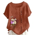 thumbnail image 2 of ClodeEU Women's Floral Print Short Sleeve T-Shirt, Casual Crew Neck Loose Fit Blouse Coffee,Women's Plus XL, 2 of 5