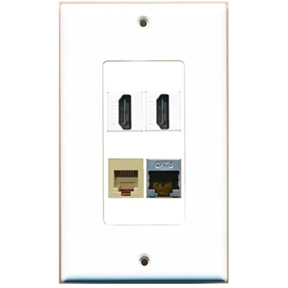 RiteAV - 2 Port HDMI 1 Port Phone RJ11 RJ12 Beige 1 Port Shielded Cat6 Ethernet Wall Plate Decorative
