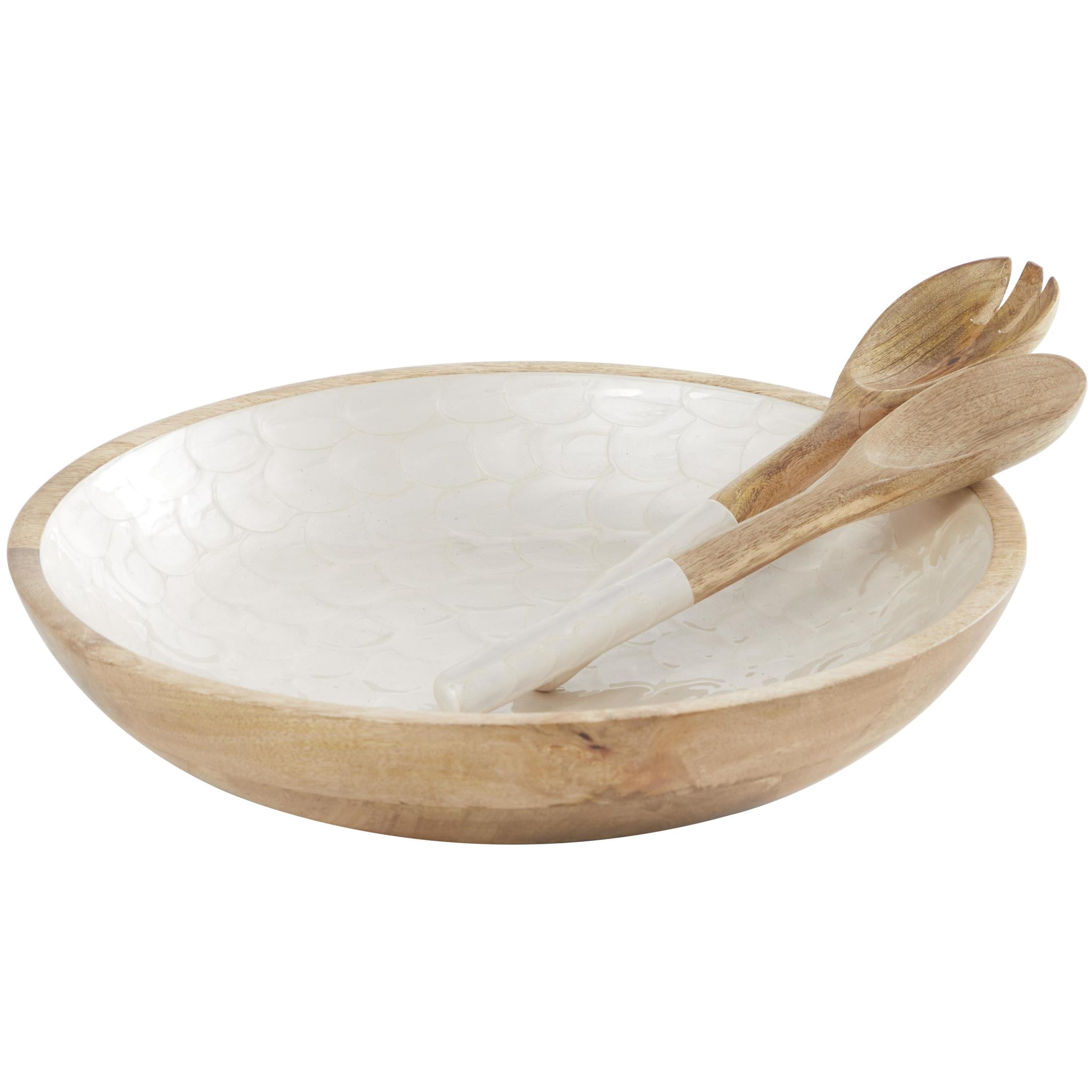 DecMode 15", 11", 11"W Handmade Round Utensils Cream Mango Wood Decorative Bowl with White Interior, Set of 3