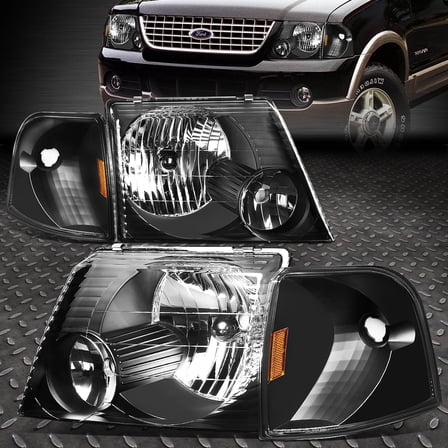 NUVISION for 02-05 Ford Explorer 4Pcs Black Housing Headlights Amber Corner Signal Lamps