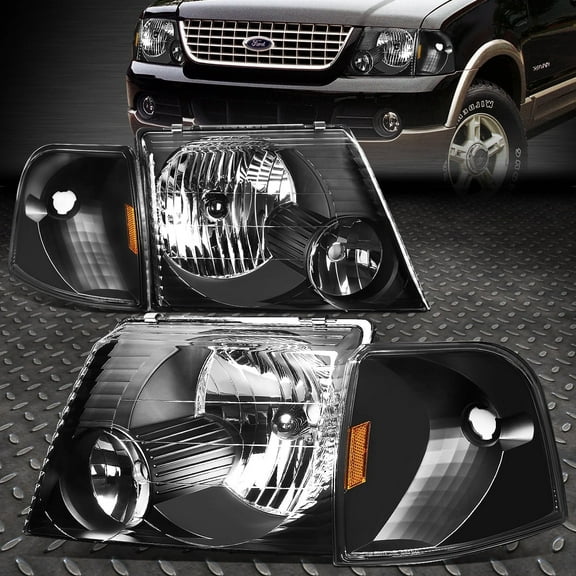 NUVISION for 02-05 Ford Explorer 4Pcs Black Housing Headlights Amber Corner Signal Lamps