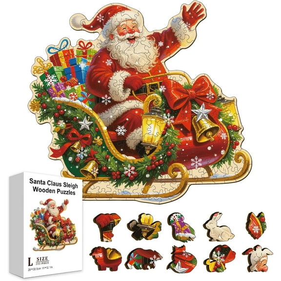 200Pcs Christmas Santa Claus Sleigh Wooden Jigsaw Puzzles forAdults 12.2x11.2inch Gifts Snowflakes Colorful Unique Animal Shaped Jigsaw Puzzles
