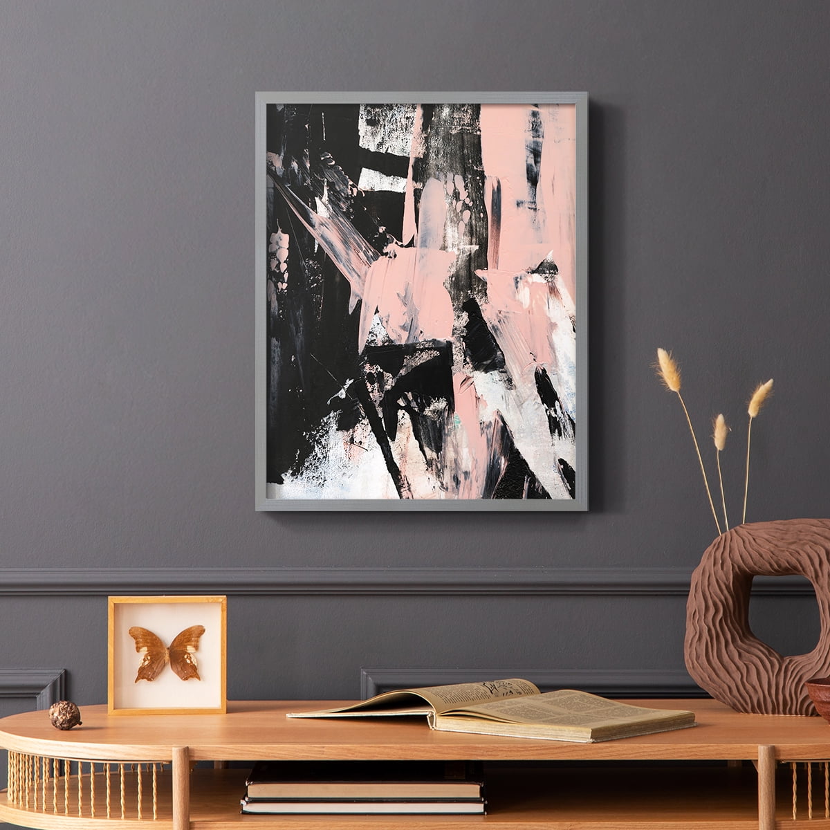 Black & Blush II Framed Print in Gray Solid Wood Framed Print No Nail Hanging