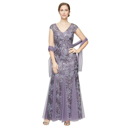 Alex Evenings Long Embroidered Fit-and-Flare Dress with Godet Detail Skirt and Shawl (Womens, Icy Orchid, 16)