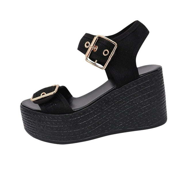 Platform Sandals Women Wedge One-Line Buckle Open Toe High Heel Ankle Strap Wedge Sandals Black