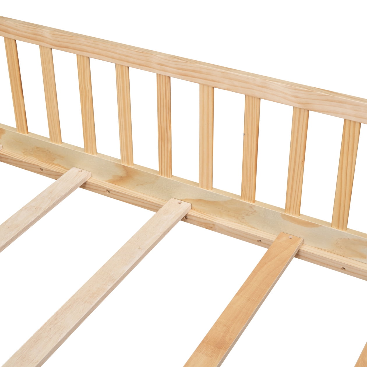 Twin Montessori Playpen Floor Bed Frame with Safety Guardrail Fence and Door, 79.5x41.8x17.5inch, Natural