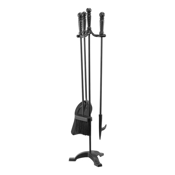 4-in-1 Fireplace Tool Set with Poker, Ash Shovel, Brush, Stand, Wrought Iron & Carbon Steel, for Indoor Wood Stove Fire Pit