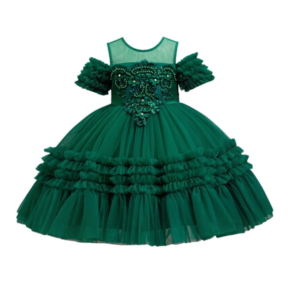 Zpanxa Girls Summer Dress Kid's formal Princess Dress Solid Short Sleeve Round Neck Party Dance Dresses Green 9 Years