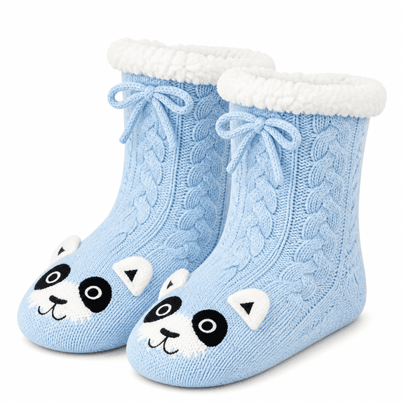 Girls Cabin Socks, Soft Sole Sweater Knit with Non-Slip Silicone Grippers, BLUE, M/L