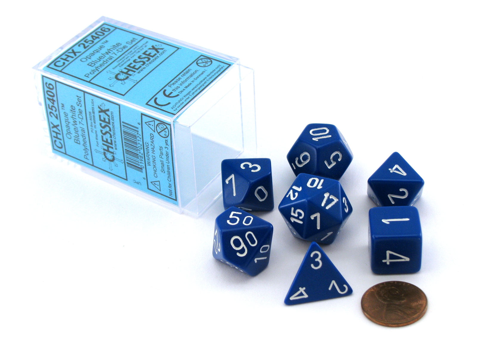 Chessex Dice Polyhedral 7-Die Opaque Dice Set Blue with White 