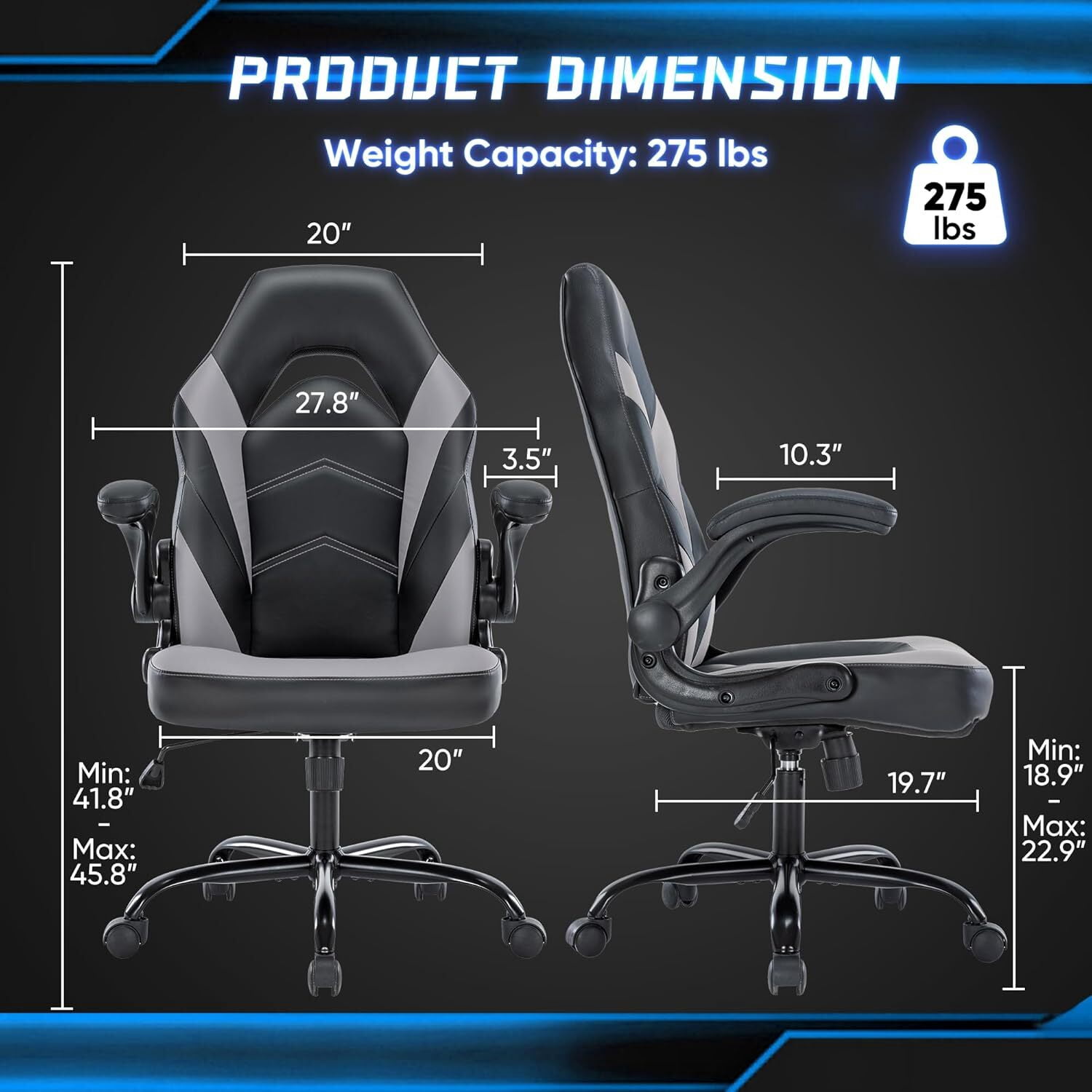 AENKYO Gaming Chair, Computer Chair Ergonomic Office Chair PU Leather Desk Chair Executive Adjustable Swivel Task Chair with Flip-up Armrest, Gray