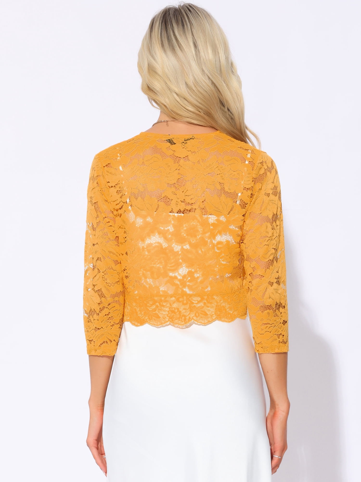 DARING DIVA 3/4 Sleeve Sheer Floral Lace Shrug Top XS Yellow