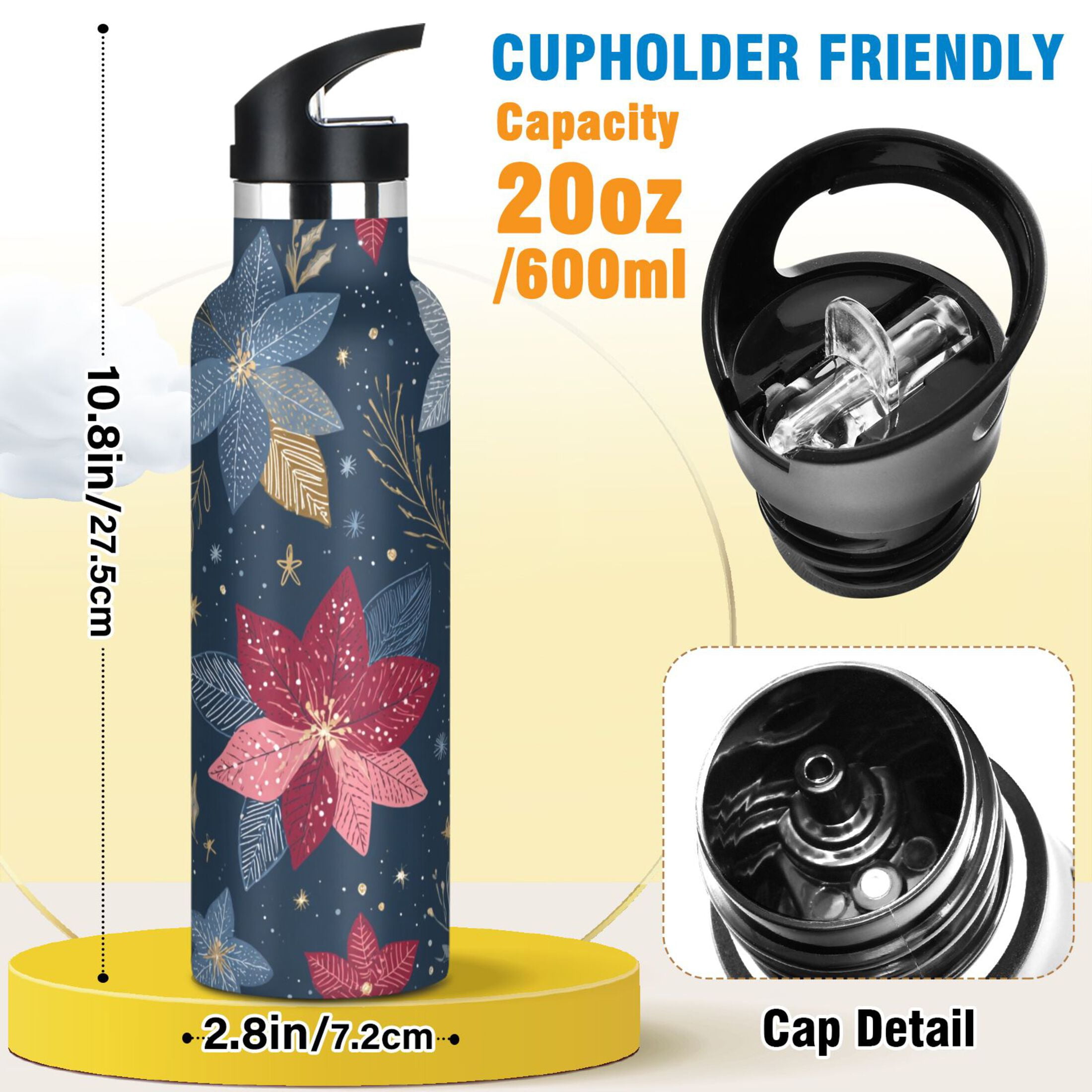 600ML Stainless Steel Insulated Cup Sports Water Bottle Portable Thermos Cup Water Glasses Insulated Tumblers Convenient and Durable Christmas Flowers Are Colorful