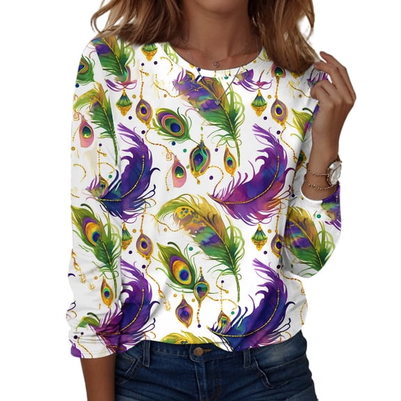 Mardi Gras Shirts for Women Sequins Crew Neck Holiday Tunic Tops Long 3/4 Sleeve Mask Print Novelty T Shirts Purple Pink S