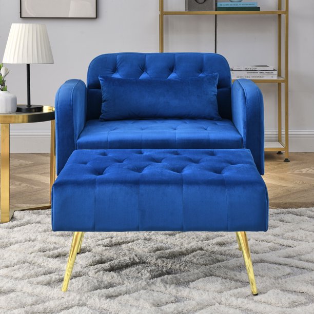 Hombay Modern Velvet Armchair with Ottoman, Upholstered Button Tufted