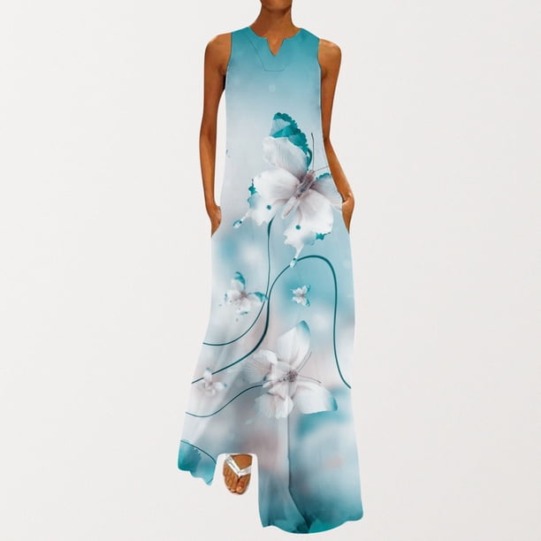 ICHUANYI Clearance Women's Summer Fashion Printed V-Neck Sleeveless Pullover Pocket Dress(Sky Blue, L) ICHUANYI WER2023081014862