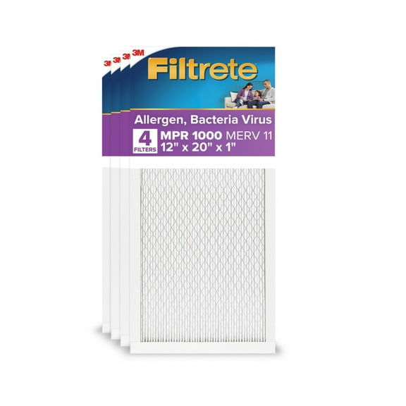 Filtrete 12x20x1 HVAC Furnace Air Filter, MPR 1500 MERV 12, Allergen, Bacteria, Virus, 4 Pack