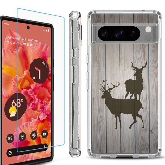 OneToughShield ® Compatible with Google Pixel 8 Pro, Shockproof Phone Case, with Tempered Glass Screen Protector - Wood/Deer