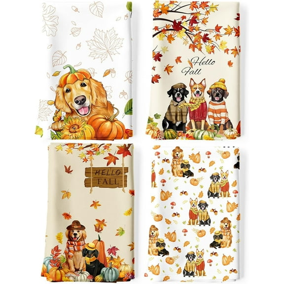 4 Pcs Fall Dogs Kitchen Towel, 100% Cotton Thanksgiving Maple Leaf Dish Towel 26"x18", Housewarming Gifts Holiday Decorative Tea Towels for Dining Home