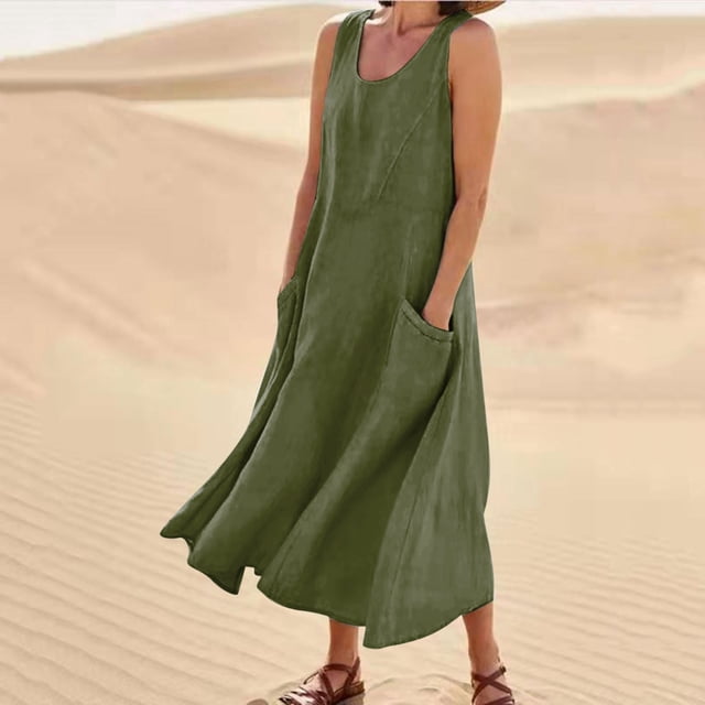 Meichang Robe Midi en Lin pour Femme avec Poches, Sans Manches, Robe Évasée d'Été à Encolure Dégagée, Décontractée, Longue en Coton et Lin